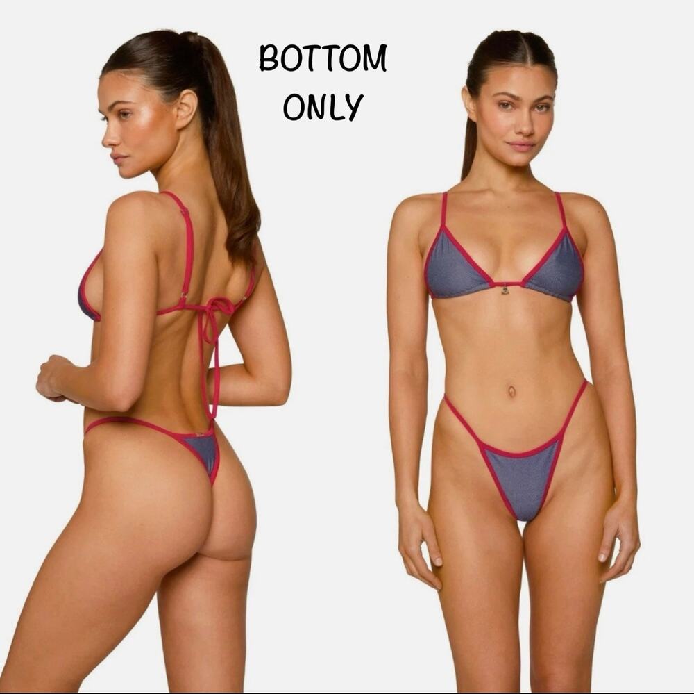 FAE Swim Jones Brazilian G-String Bikini Bottom - Denim & Red - Sz XS NWT